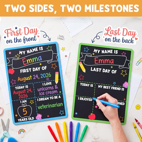 Double-Sided First & Last Day of School Sign with Markers & Pencil Flag
