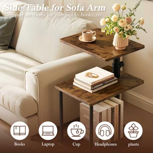 Height Adjustable C-Shaped Swivel End Table with Storage - Rustic Brown