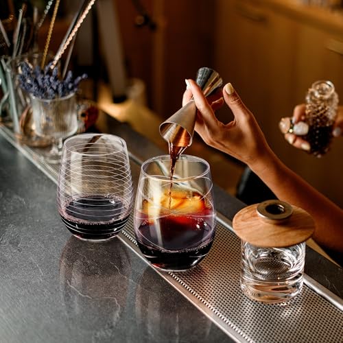 Hand Blown Etched Stemless Wine Glasses, 17.5 oz Patterned Glass Tumblers Set