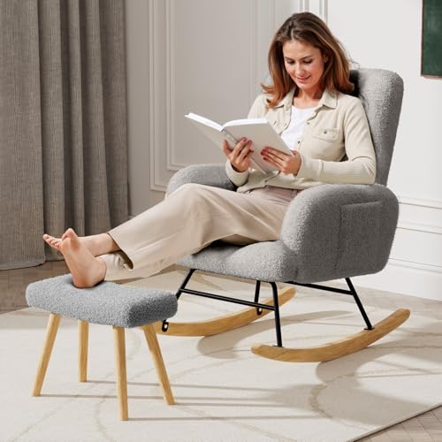 Teddy Upholstered Rocking Chair with Ottoman and Side Pockets