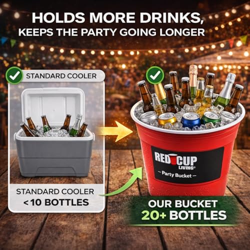 Red Cup Living Large 201 oz Insulated Party Ice Bucket - Durable Plastic Beverage Cooler for Parties & Bar