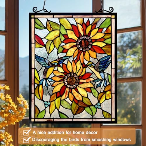 Handcrafted Sunflower and Birds Stained Glass Window Panel