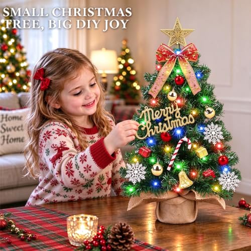 TURNMEON 2ft Tabletop Christmas Tree with Lights, Burlap Base, 24" Mini Xmas Tree