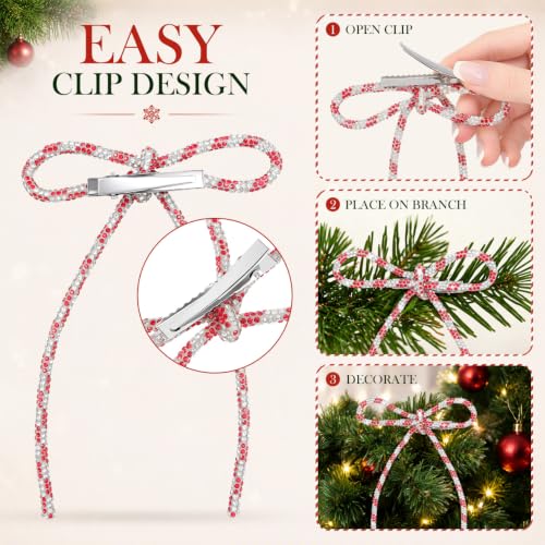 Didiseaon 12 Pack Christmas Red & White Rhinestone Bow Ornaments with Clips