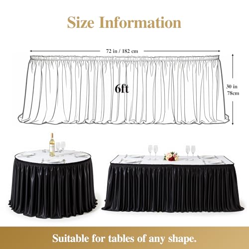 6ft Black Satin Table Skirt, Wrinkle-Free Pleated Spandex for Party Decor