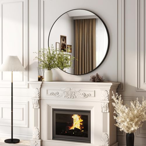 42-Inch Round Bathroom Mirror, Black Metal Wall-Mounted Circle Mirror