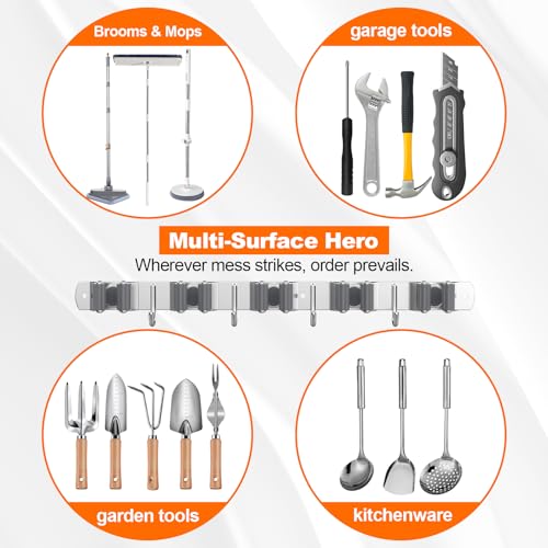 Stainless Steel Broom Holder Wall Mount Mop Organizer with 5 Racks and 4 Hooks