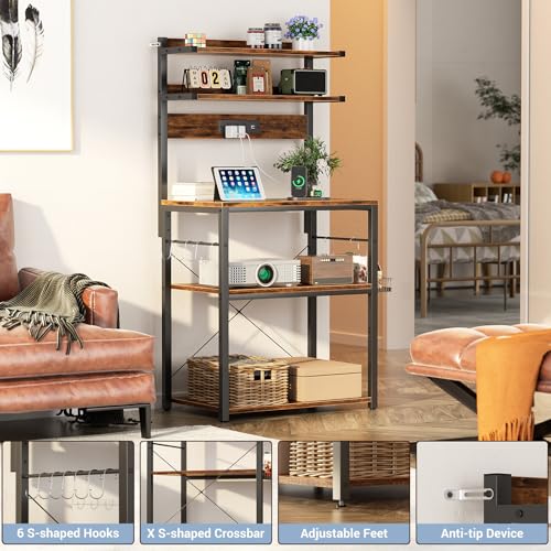 5-Tier Bakers Rack with Power Outlet, RGB LED Lights, and Storage Shelves