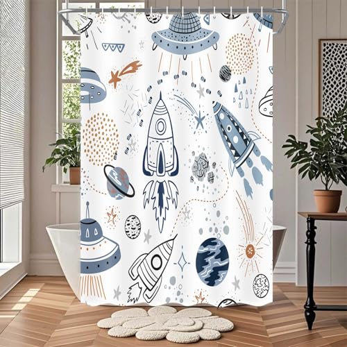 Space Shower Curtain for Kids, Waterproof Galaxy Planet Bathroom Decor