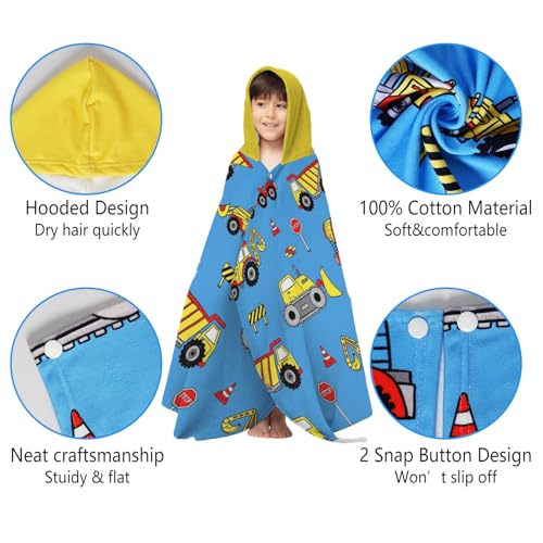 Kids Hooded Construction Truck Bath & Beach Towel - Soft Absorbent Cotton
