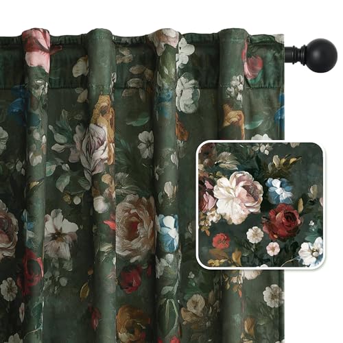 StangH Green Floral Velvet Curtains 52x86 Inches, Pack of 2, Living Room Decor