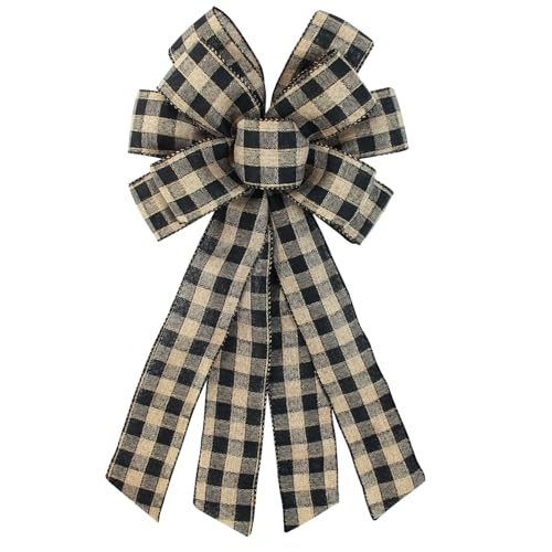 Large Black Buffalo Plaid Wreath Bow - Rustic Farmhouse Decor (11x21 in)