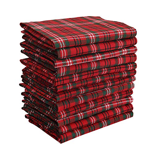 19x19 Inch Red & Green Plaid Cotton Dinner Napkins Set of 12 - Holiday Festive Tableware