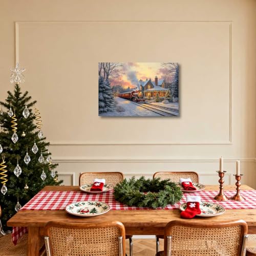 XLMDYYSW Christmas Red Train Wall Art Canvas Print 16" x 24" Winter Scene Cabin Decor