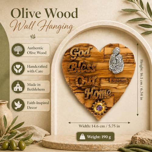 Olive Wood Holy Family Heart Plaque – Bethlehem Carved Wall Decor with Pewter Medallion & Frankincense Capsule