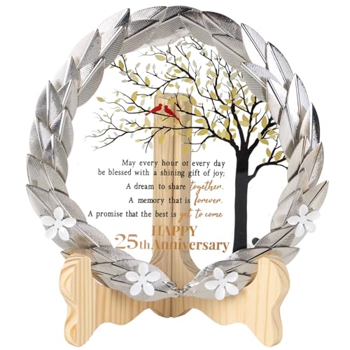 25th Wedding Anniversary Crystal Plaque with Gold Leaf Wreath Stand