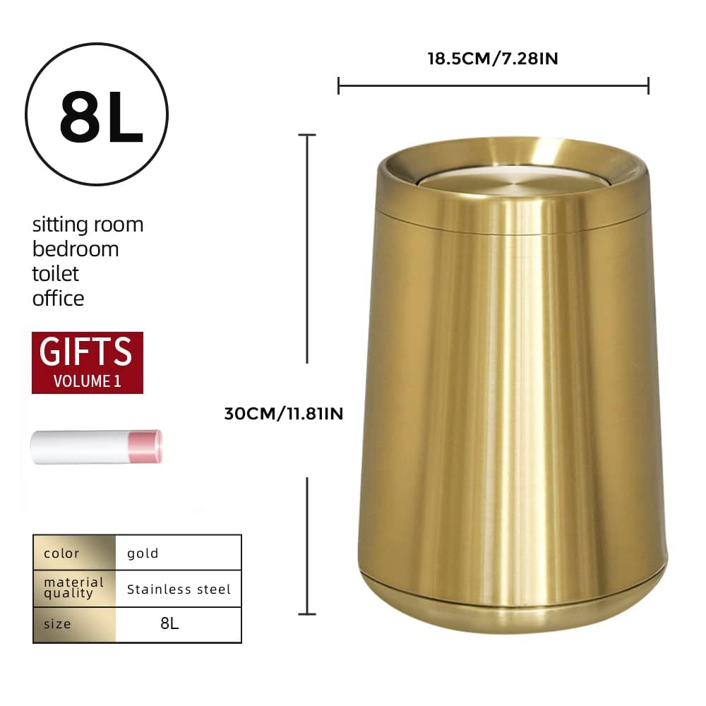 LEASYLIFE 8L/2.1GALbrass Garbage can with Swing lid，Brushed Nickel Gold Trash can,Matte Gold Trash can for Bathroom,Powder Room,Bedroom,Laundry Room (GOLD-32-8l)