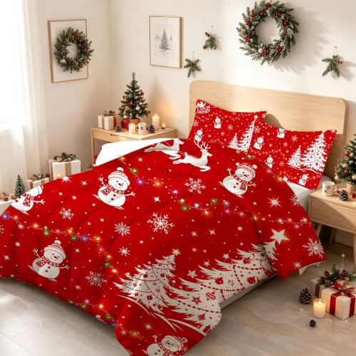 EDGZKO Christmas Snowman Comforter Set Full Red/White, 79x90 inch, 2 Pillowcases