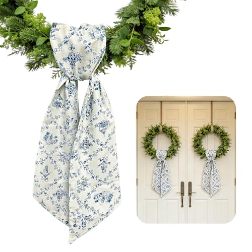 2-Piece Blue Floral Wreath Sash for Front Door Decor, Polyester Ribbon