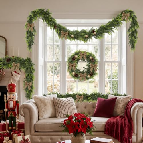 2Pcs 9ft Real Touch Cedar Garland for Mantel Fireplace - Includes 2 garlands (9FT) by beuhugas