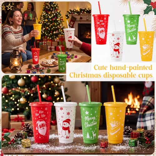 Sliner 40 Pack Christmas Plastic Cups with Lid & Straw - Cute Style, 24oz Reusable Holiday Drinkware