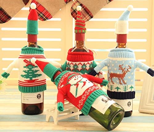 Christmas Wine Bottle Covers and Hats Kit - 4 Pack Ugly Sweater Style Decorations