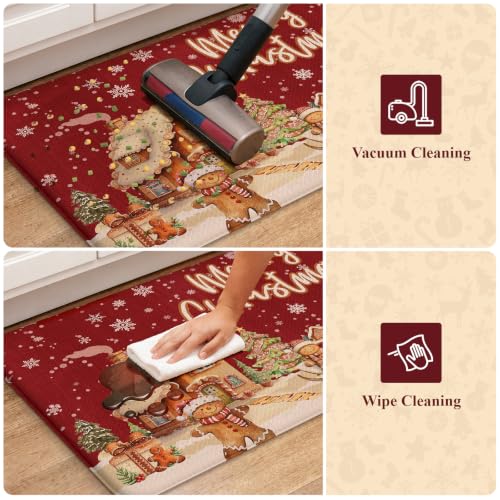 Leevan Christmas Kitchen Mat Set of 2 - Gingerbread Village 17"x29" + 17"x47" Thick 0.47in Anti-Fatigue