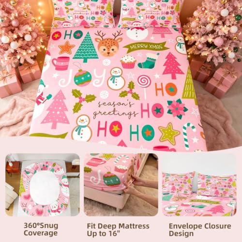 Erosebridal Full Christmas Fitted Sheet Set with 2 Pillowcases – Cartoon Santa Snowman Pine Tree Bedding