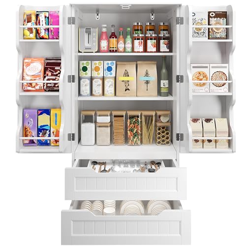 Gizoon 47-Inch White Pantry Cabinet with 2 Drawers & 6 Shelves for Small Spaces