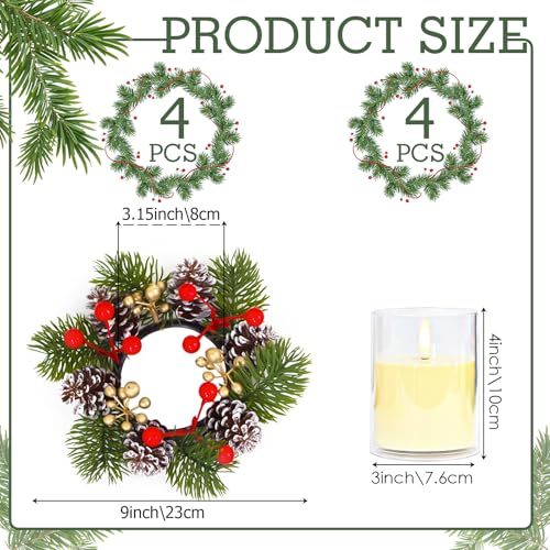 Acmee 4 Sets Christmas Candle Rings with Flameless Candles - 8 Pinecone, Red Gold Berry Wreaths