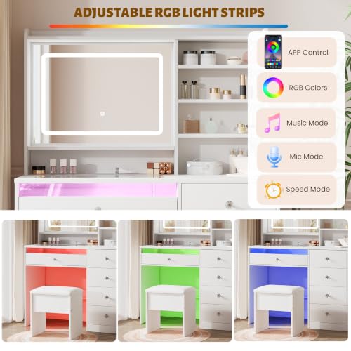 39.4-Inch Vanity Desk with Glass Top, LED Mirror, Charging Station & Stool