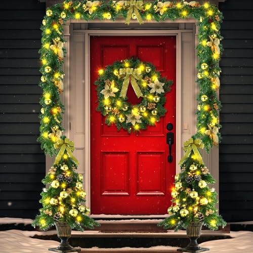 Pre Lit Christmas Garland and Wreath Set - Gold Holiday Decor, Indoor & Outdoor