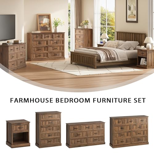 3-Piece Farmhouse Bedroom Furniture Set: 9-Drawer Dresser and 2 Nightstands
