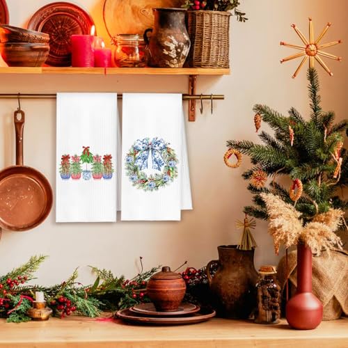 Chinoiserie Christmas Kitchen Towels Set of 2 - Tree Wreath Casual Variation, Blue & White Holiday Decor