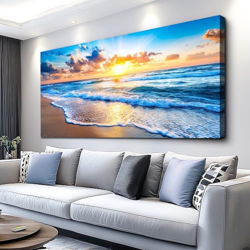 Beach Sunset Canvas Wall Art, Coastal Ocean Waves Print 40x20 Inch