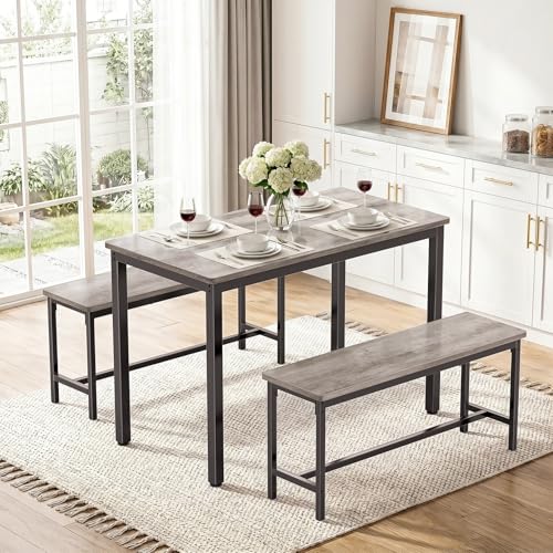 3-Piece Dining Table Set for 4 with 2 Storage Benches, Grey Industrial