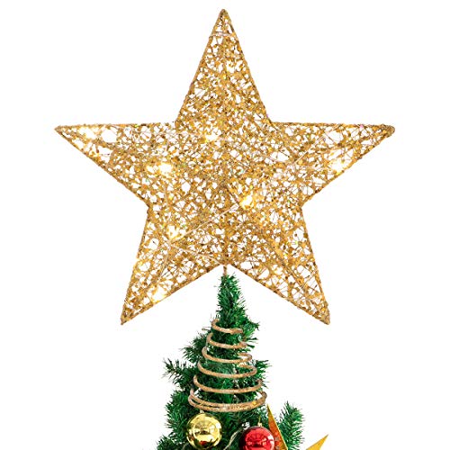 12-Inch Gold Christmas Tree Topper Star with Lights, Elegant Holiday Decor
