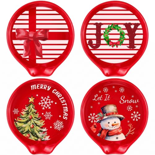 Domensi 4 Pcs Christmas Ceramic Spoon Rests Set - Snowman Christmas Tree Edition