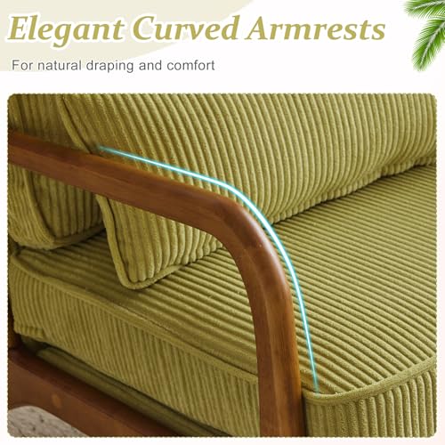 Mid-Century Corduroy Accent Chair with Lumbar Pillow and Solid Wood Arms