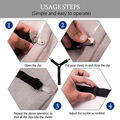Adjustable Elastic Bed Sheet Holder Straps - 6 Way Clip Fasteners for Fitted Mattresses