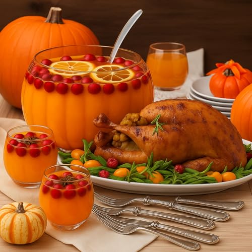 LemonRoad Pumpkin Punch Bowl Set with 6 Cups & Ladle - Fall Halloween Thanksgiving Party Decor