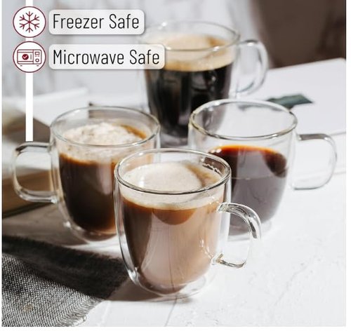 BTaT- Double Walled Espresso Cups, 5 oz, Set of 4, Clear Coffee Mugs, Double Wall Insulated Espresso Cups, Small Coffee Mugs for Tea, Lattes, Macchiatos, Hot & Cold Beverages, Microwave Safe