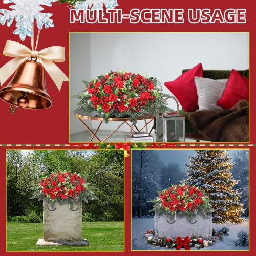 Christmas Cemetery Saddle Flowers 20in Roses & Red Berries for Headstones