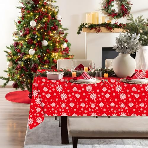 Temicle Red and White Snowflake Plastic Tablecloth 54 x 108 Inches Holiday Disposable Cover