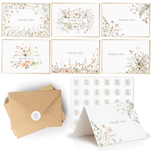 Floral Thank You Cards Bulk 52-Pack with Envelopes and Stickers, 3.5x5