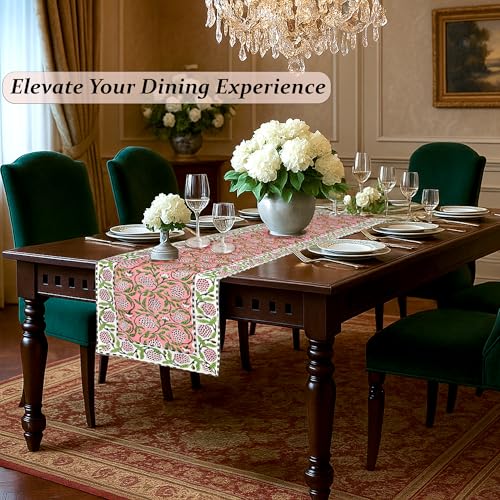 Ridhi Hand Block Print Table Runner Strawberry Pink 16x106 Inches, 100% Cotton