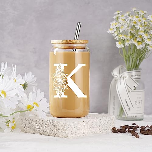 Monogrammed 16 oz Glass Tumbler with Lid and Straw for Iced Coffee