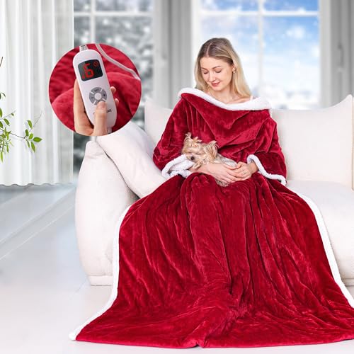 Yokimisu Wearable Heated Blanket with Sleeves & Foot Pockets, Electric Heated Robe, 6 Heating Levels, 50x70 inches, Red