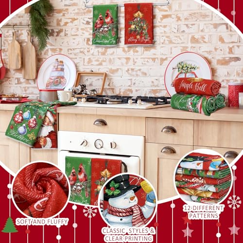 VitalCozy Exquisite Style 12-Pack Christmas Dish Towels Red & Green Winter Kitchen Decor