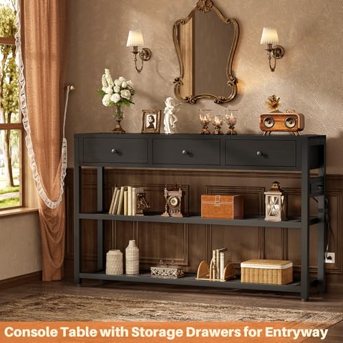 47-Inch Console Table with Drawers, Charging Outlets, and Storage Shelves